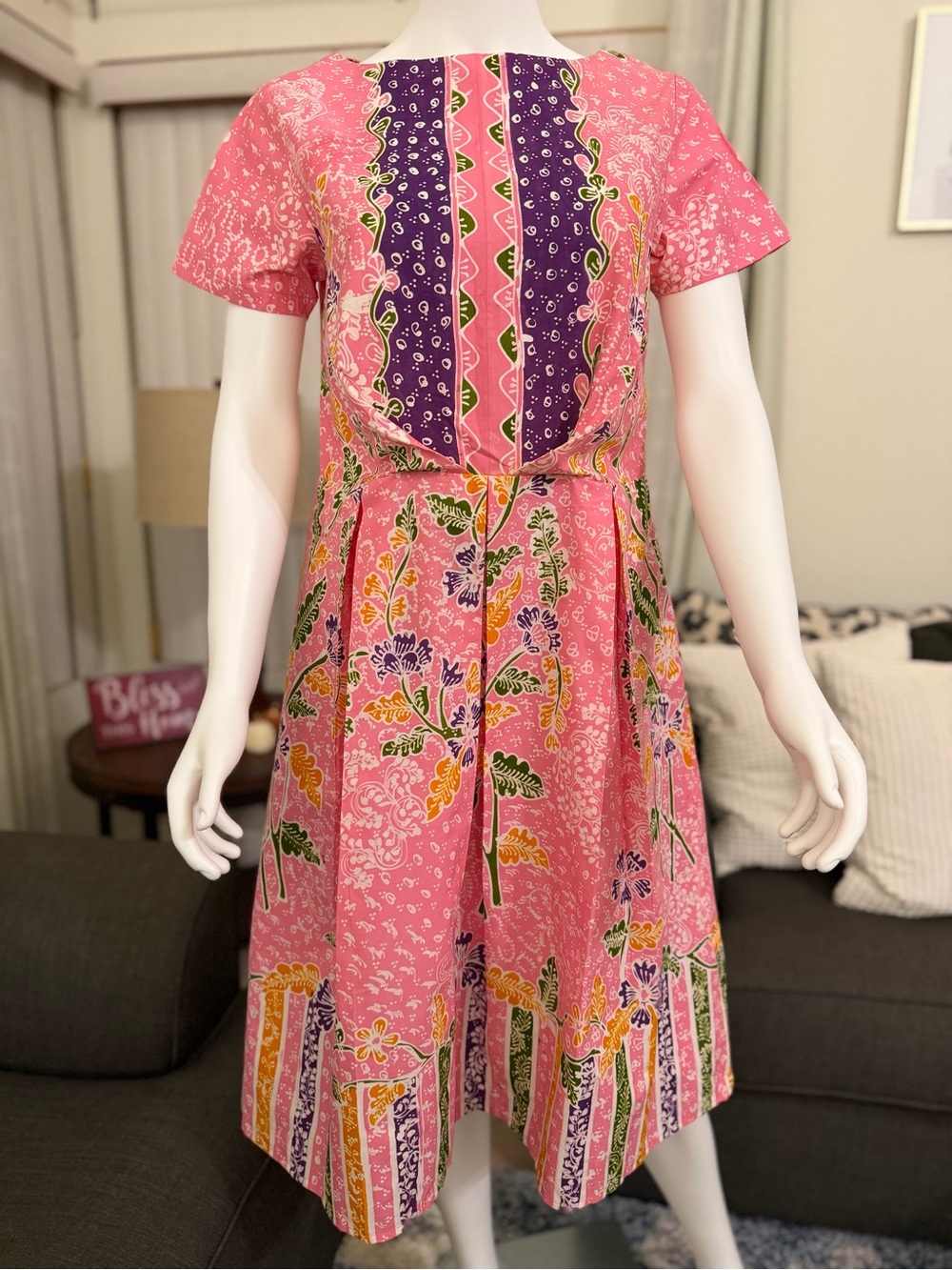 Women’s Pink Floral Print Midi Hand-Drawn BATIK Dress